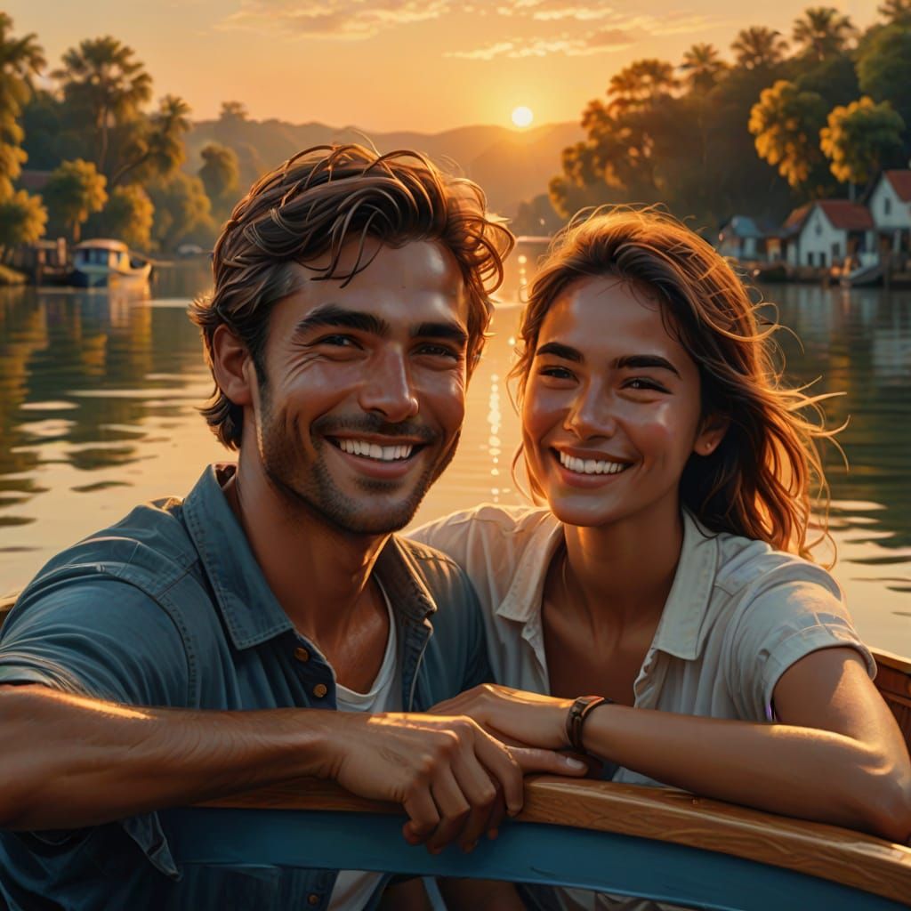Smiling Couple in Boat: Hyperrealistic Oil Painting