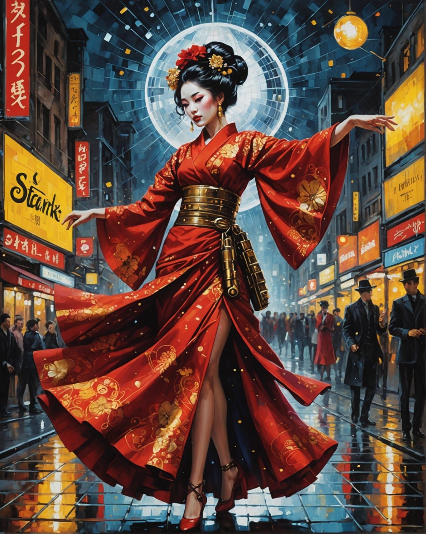 Steampunk Maiko Dances in Illuminated Disco Night