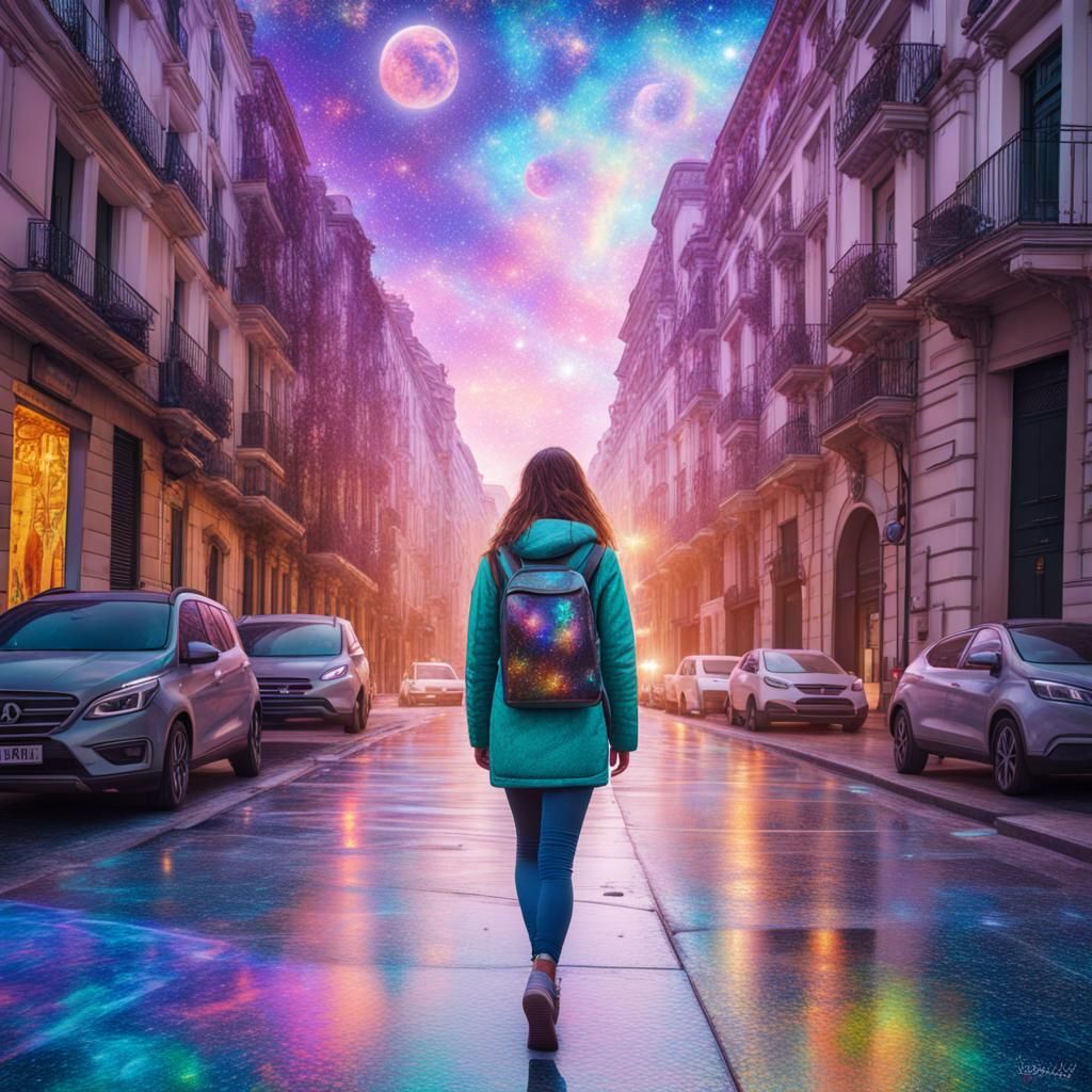 Sad Woman Walks Alone in Madrid: Astral Illustration