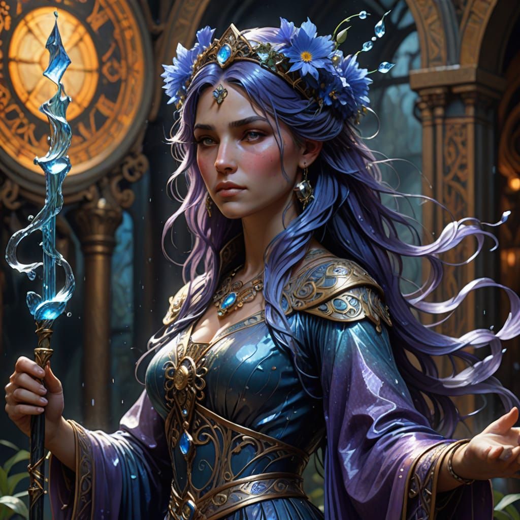 Elegant Water Sorceress with Magic Staff