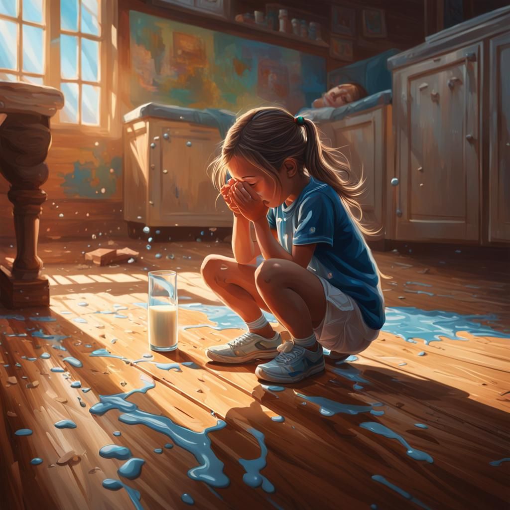 Girl Crying Over Spilled Milk: Hyperrealistic Splash Art