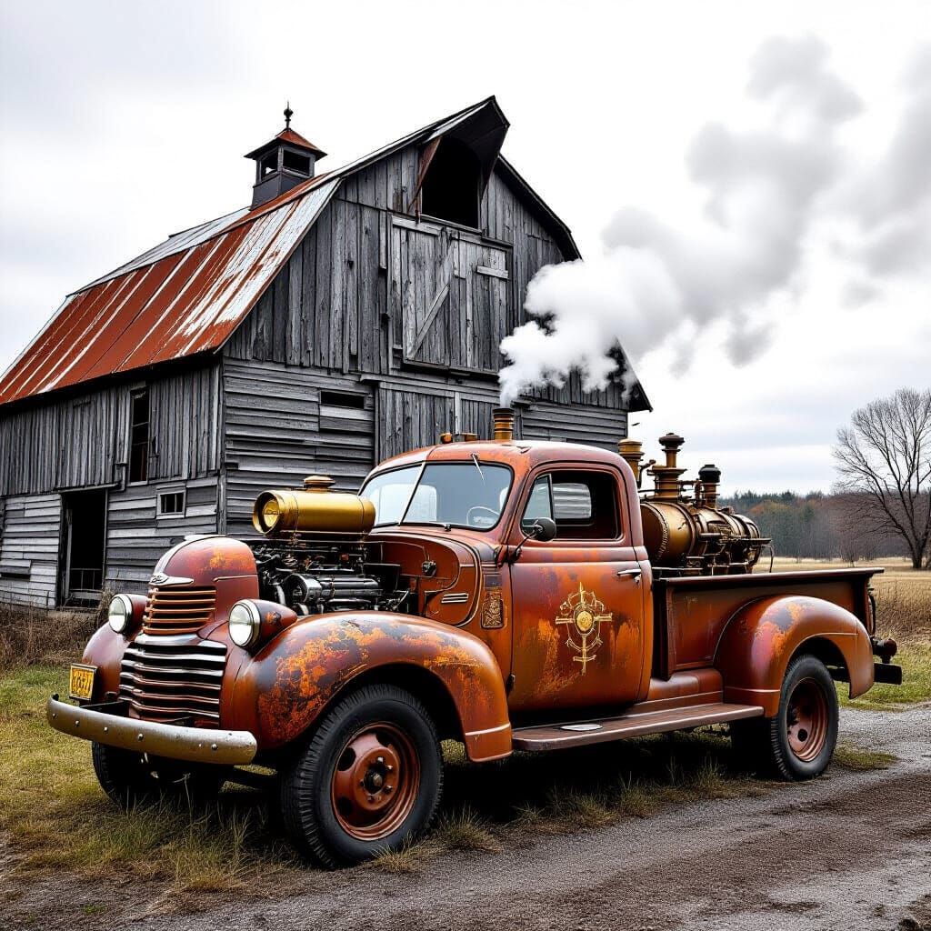 Steampunk Truck and Barn in Vintage Photo Style