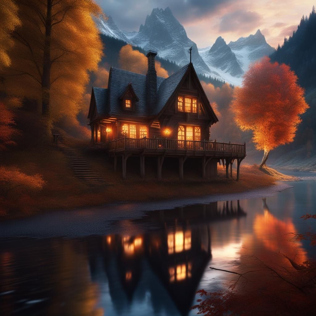 Gothic Cabin in Autumn Landscape: Digital Matte Painting