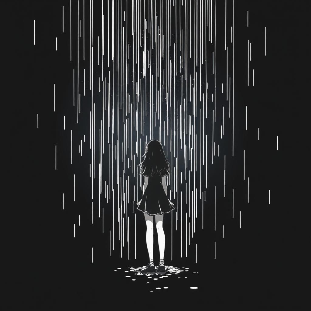 Cute Anime Girl in Rain, Black and White Glitch Art