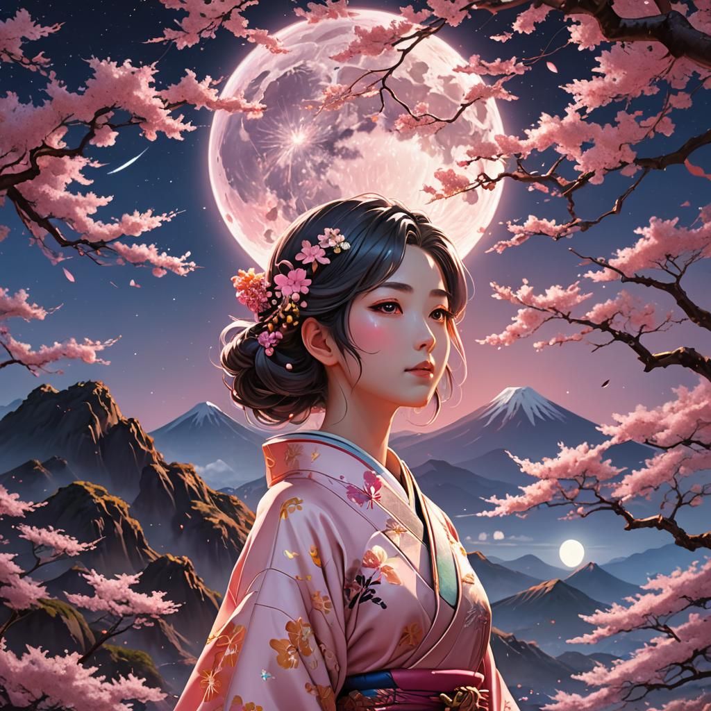 Anime Woman on Volcano Under Full Moon