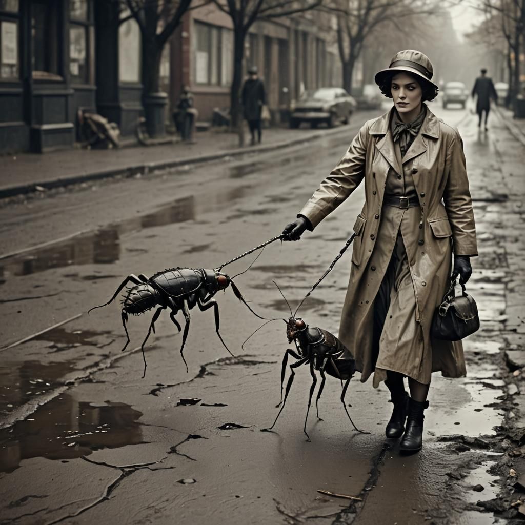 Girl Walks Slimy Creature: Vintage Photography Style