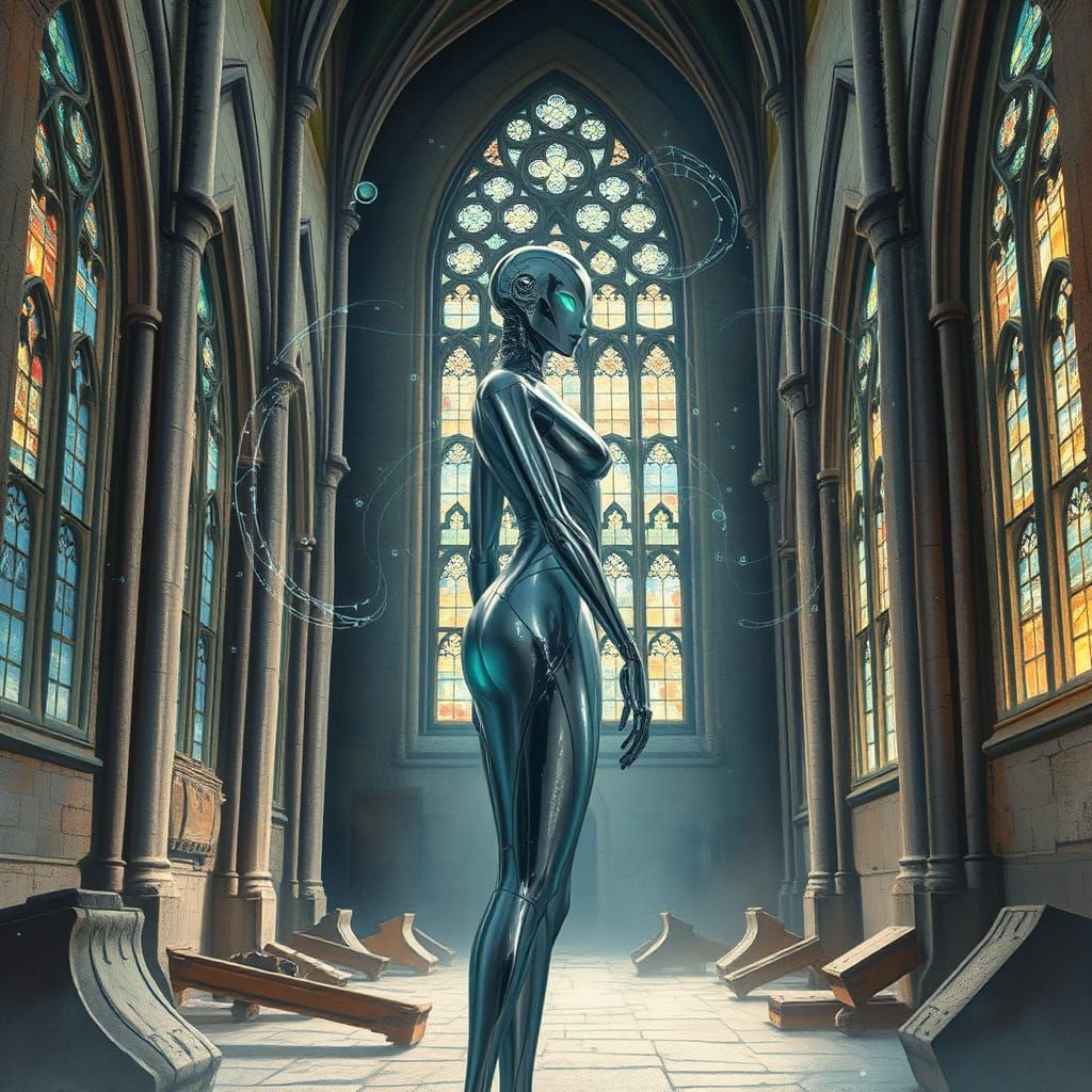 Sleek AI Agent Seraphina in Ancient Cathedral Ruins