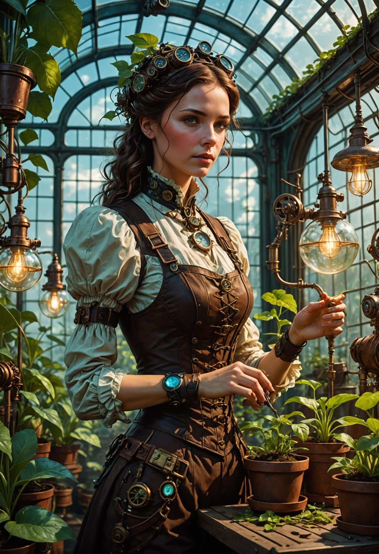 Steampunk Greenhouse with Bioluminescent Plants