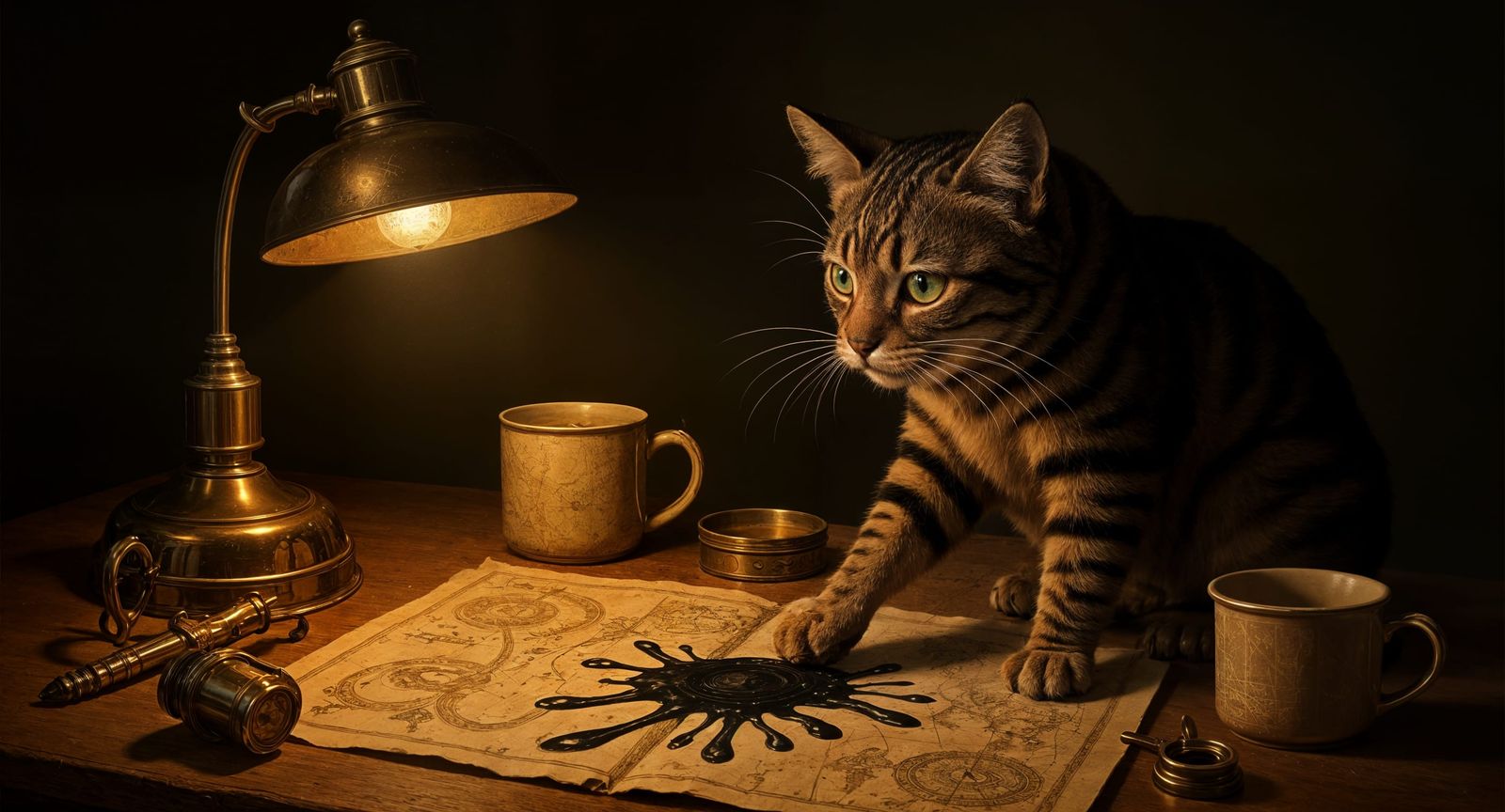 Tabby Cat Rests on Wooden Desk in Studio Lighting