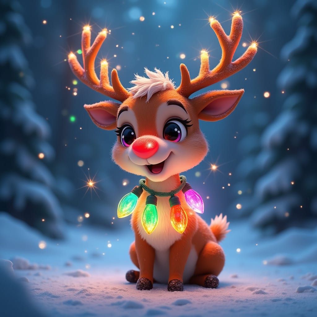 Whimsical Christmas Reindeer in Fantastical Snowy Forest
