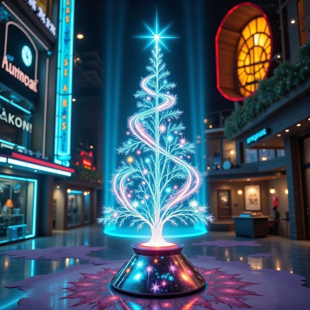 Ethereal Neon Futurism Christmas Scene in Cyberpunk Style