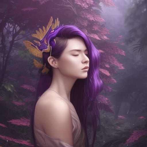Elegant Purple Dragon in Forest, Art Nouveau Portrait