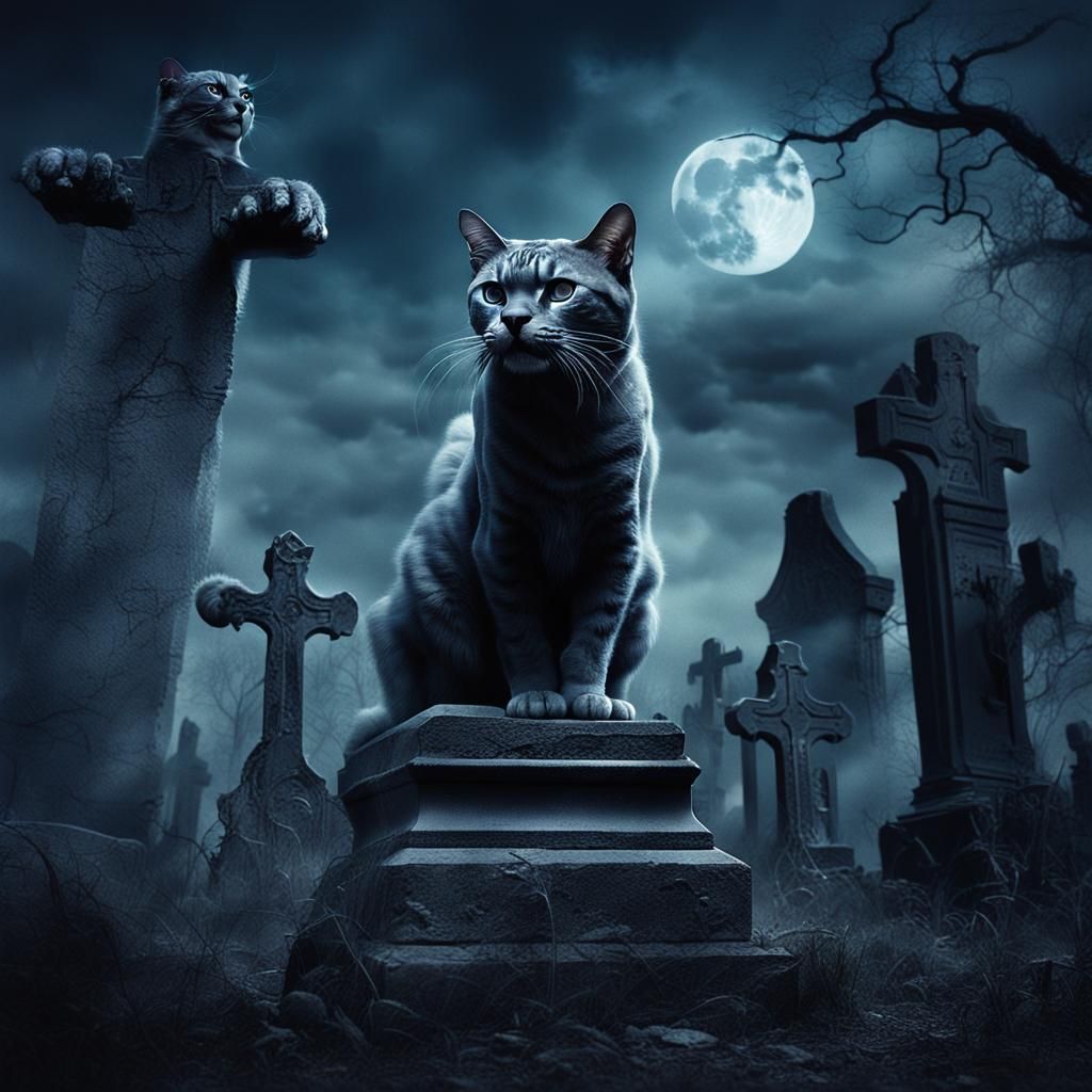 Ghost Cat in Haunted Cemetery, Surreal Mysticism