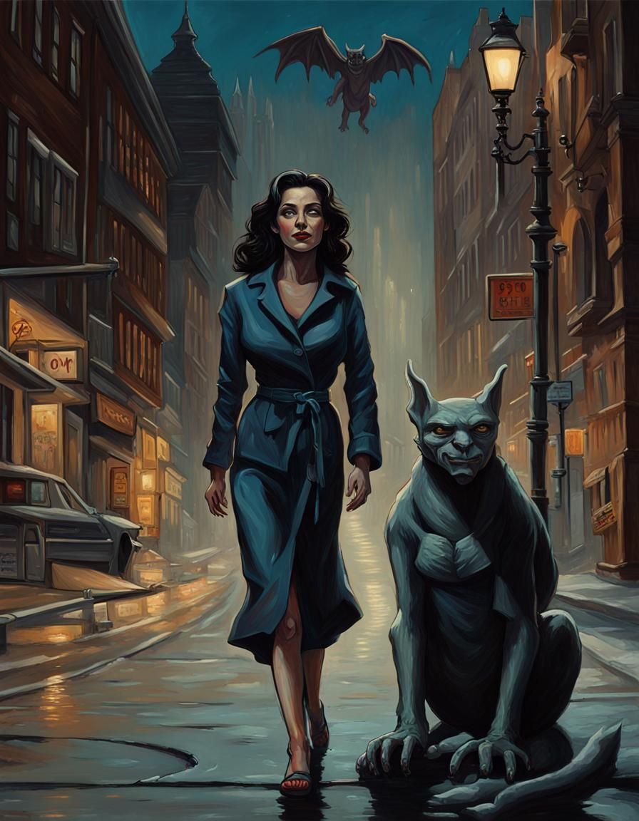 Woman and Gargoyle in Film Noir Cityscape