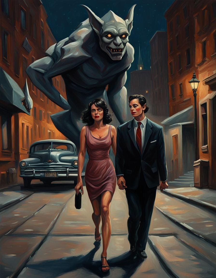 Woman and Gargoyle Stroll in Film Noir Style