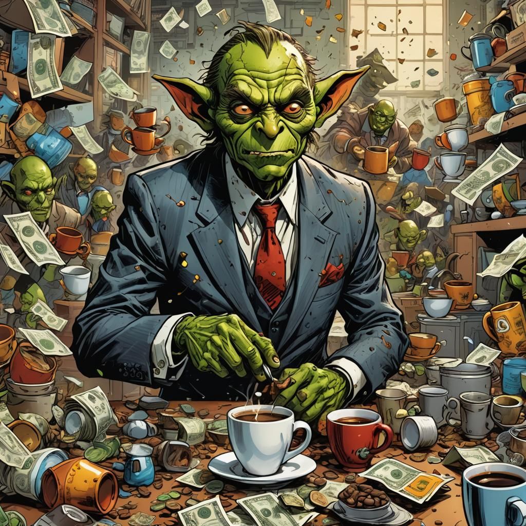 Goblin Businessman Scrambles for Coffee: Comic Book Art