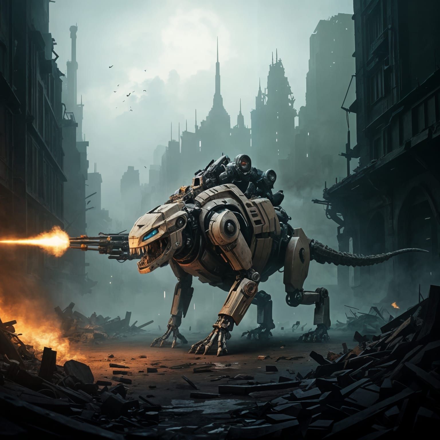 Cyberpunk Apocalypse in Ruined City