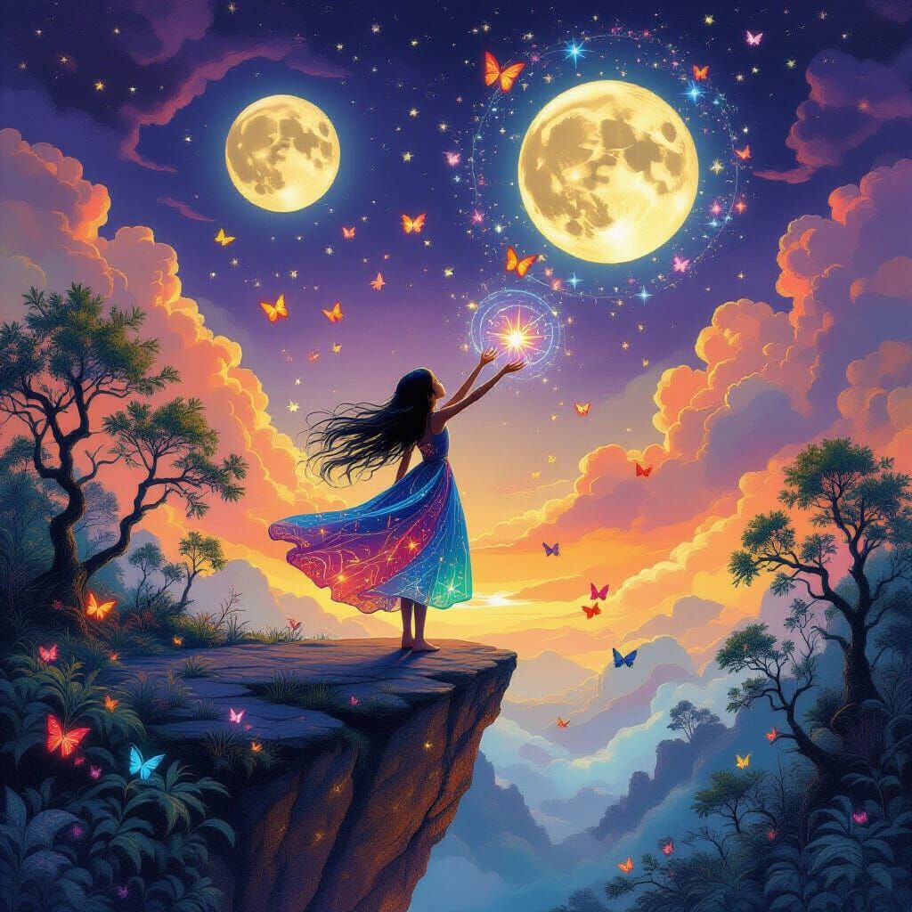 Magical Nightscape with Two Moons and Luminous Butterflies