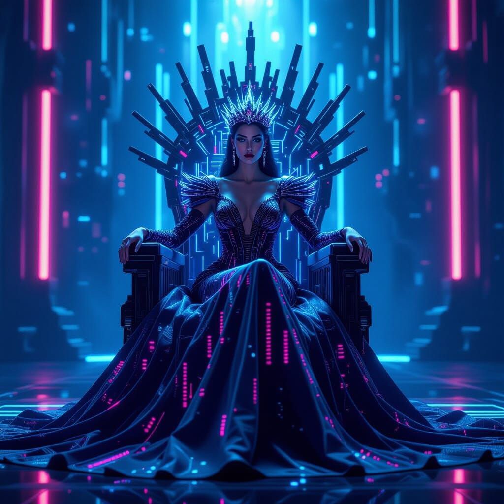 Cyberpunk Queen of Hearts on Neon Throne
