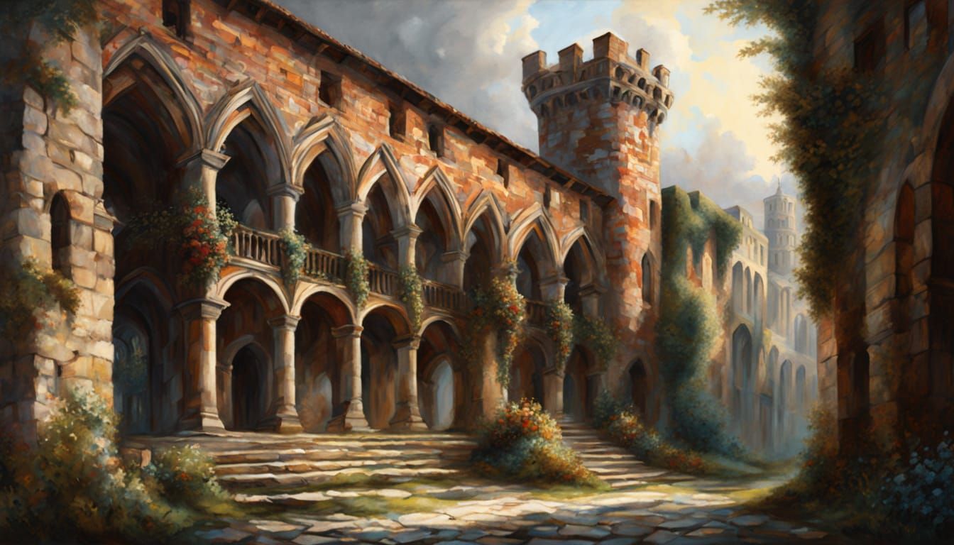 Ancient Castle in Warm Earth Tones, Oil Painting
