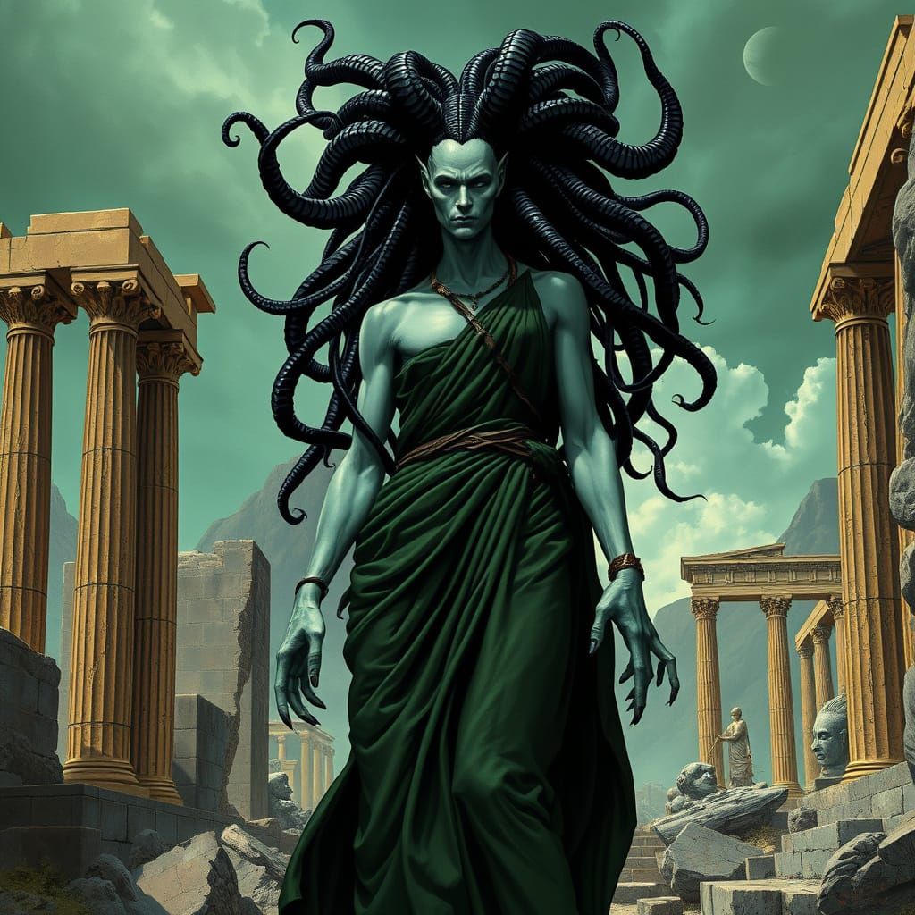 Medusa in Ancient Ruins, Bioluminescent Art Style