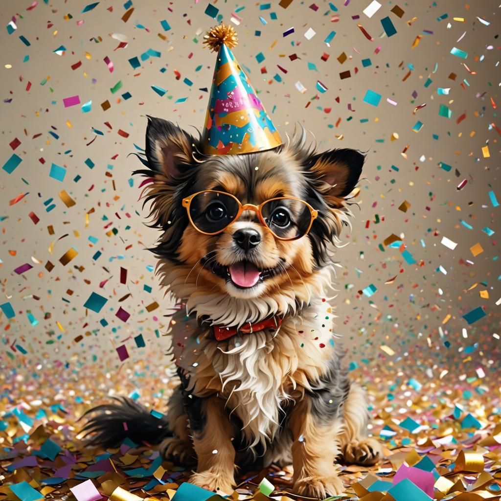 Adorable Chibi Dog Celebrates with Confetti