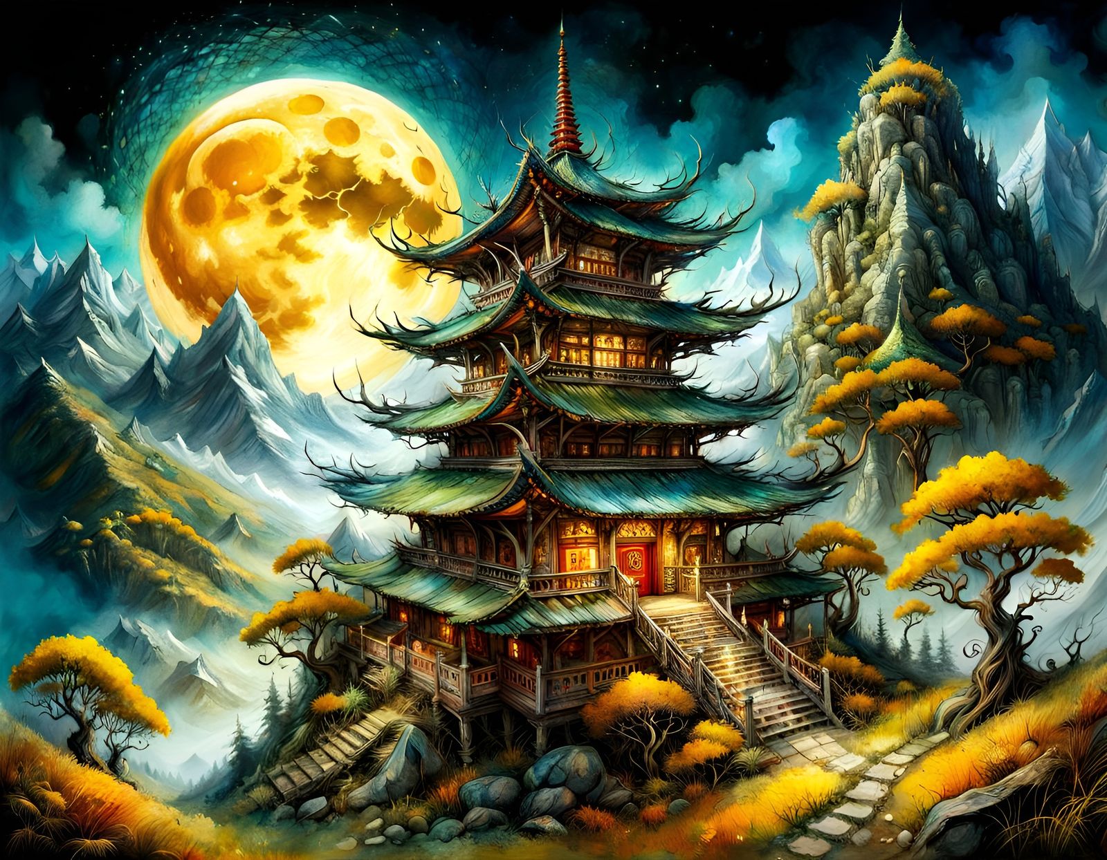 Mountain Monastery Under Harvest Moon in Fantasy Style