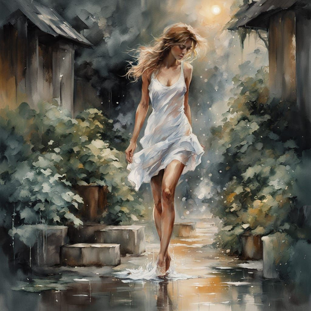 Twilight Garden Courtyard in Rain, Watercolor Style