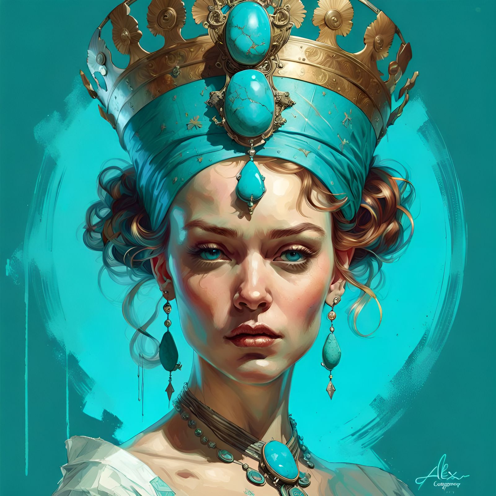 Gorgeous Turquoise Queen Portrait in Digital Illustration