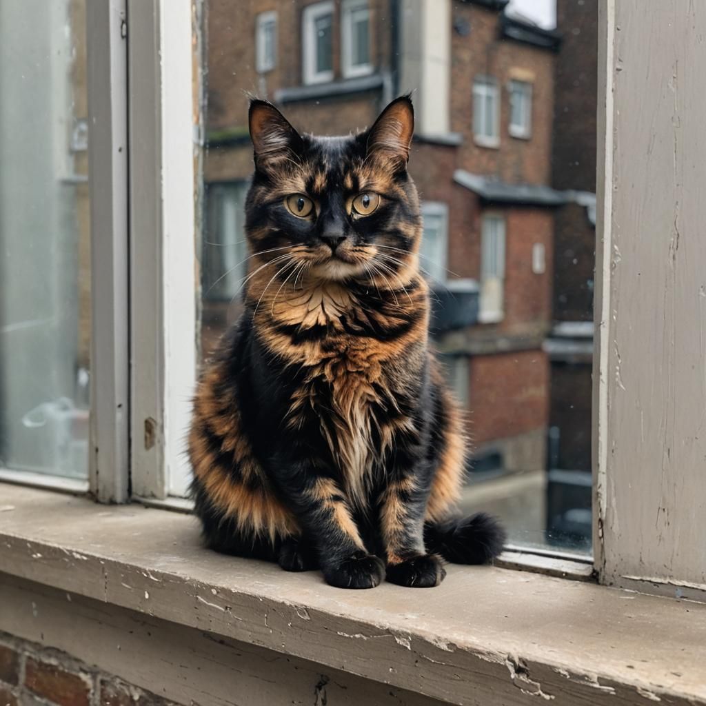 Tortoiseshell Cat Lounging on Windowsill