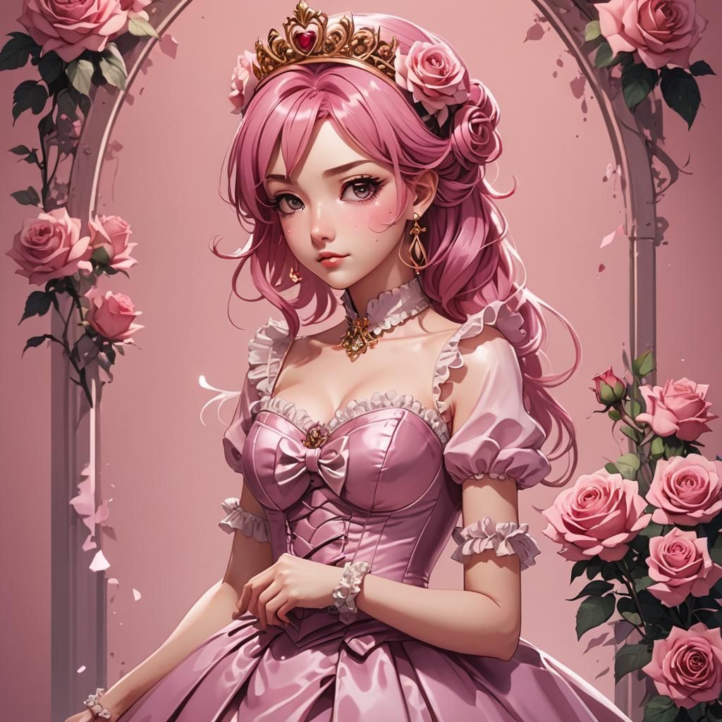 Anime Girl in Pink Dress, Cel-Shaded Style