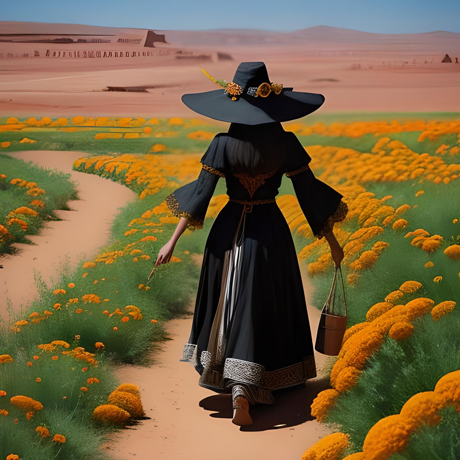 Mystic Witch in Marigold Field, Morocco