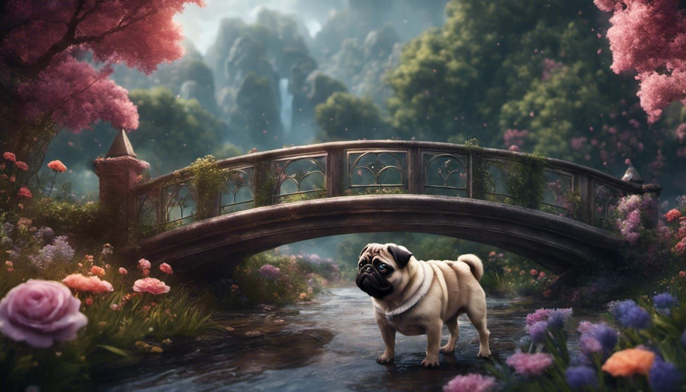 Pug by Stream: Detailed Matte Painting