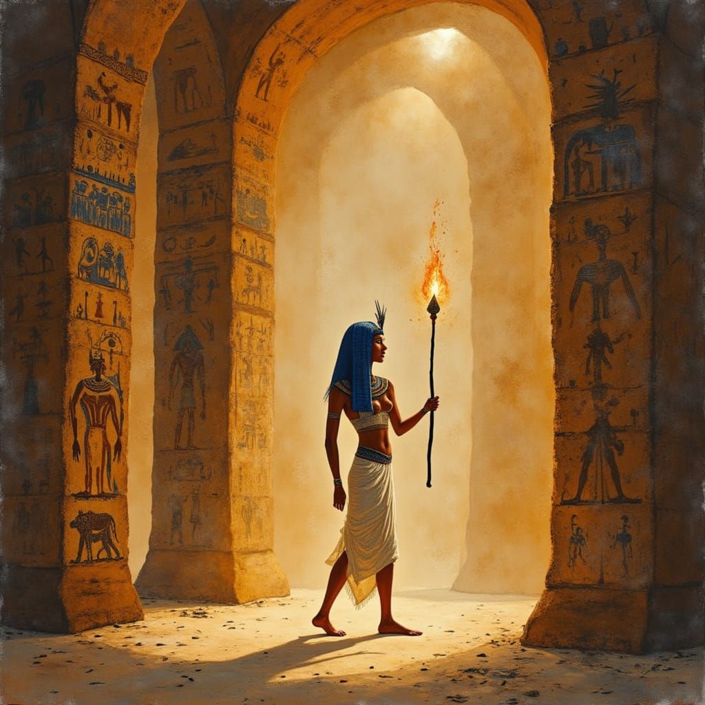 Treasure Hunter in Ancient Egyptian Tomb Watercolor Art