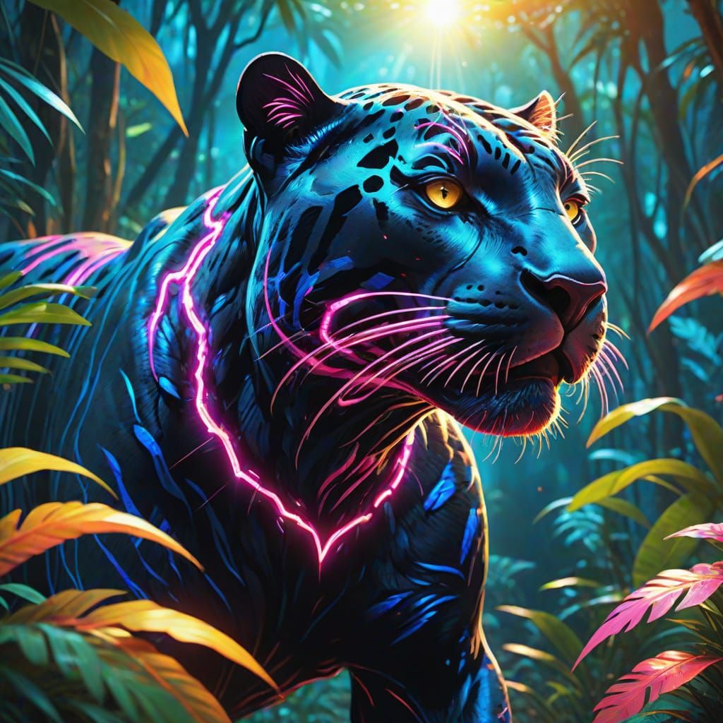 Surreal Plasma Panther in Neon Jungle Oil Painting