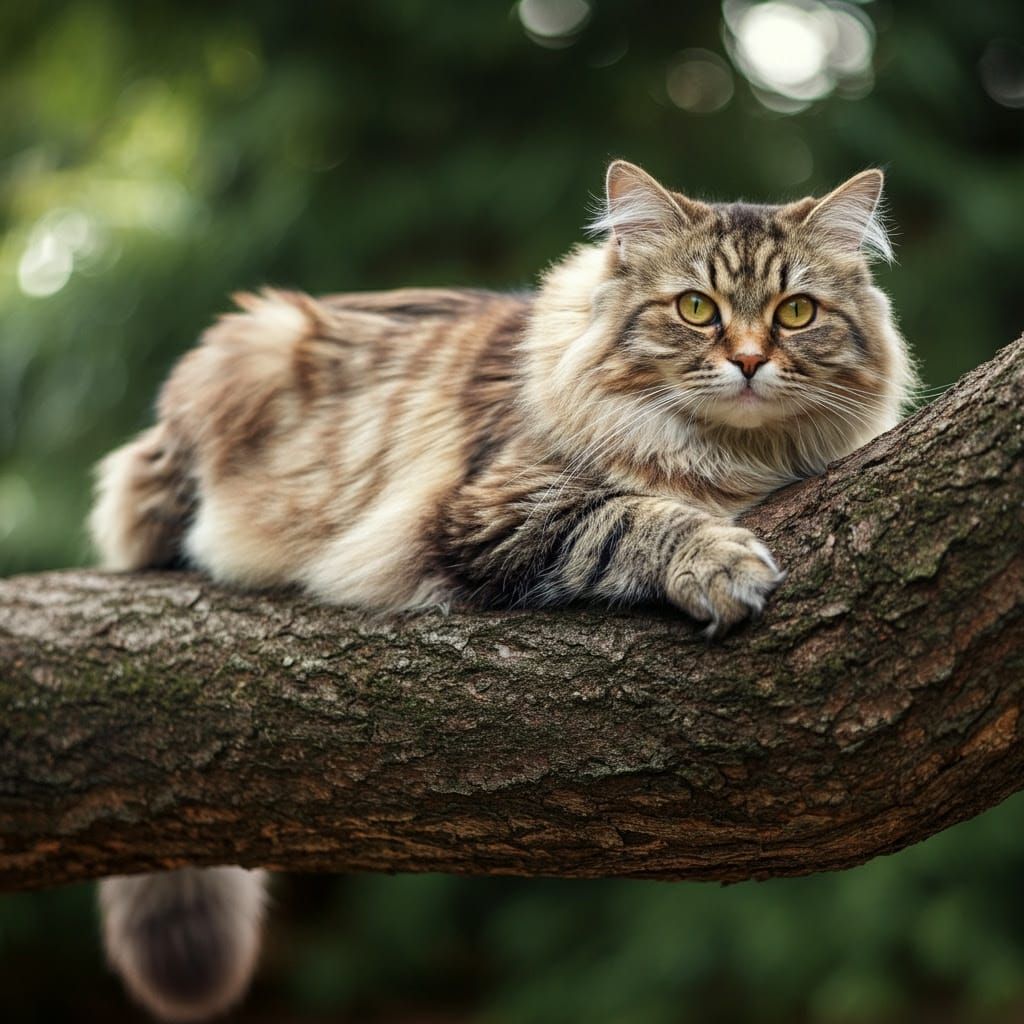 Fluffy Cat Lounging on Tree Branch in Photorealistic Style