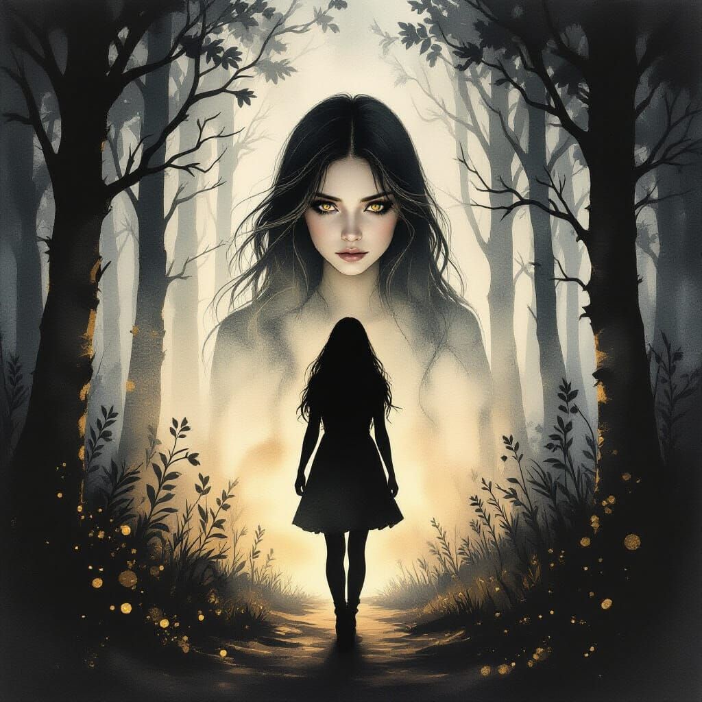 Moody Watercolour of Girl in Dark Forest