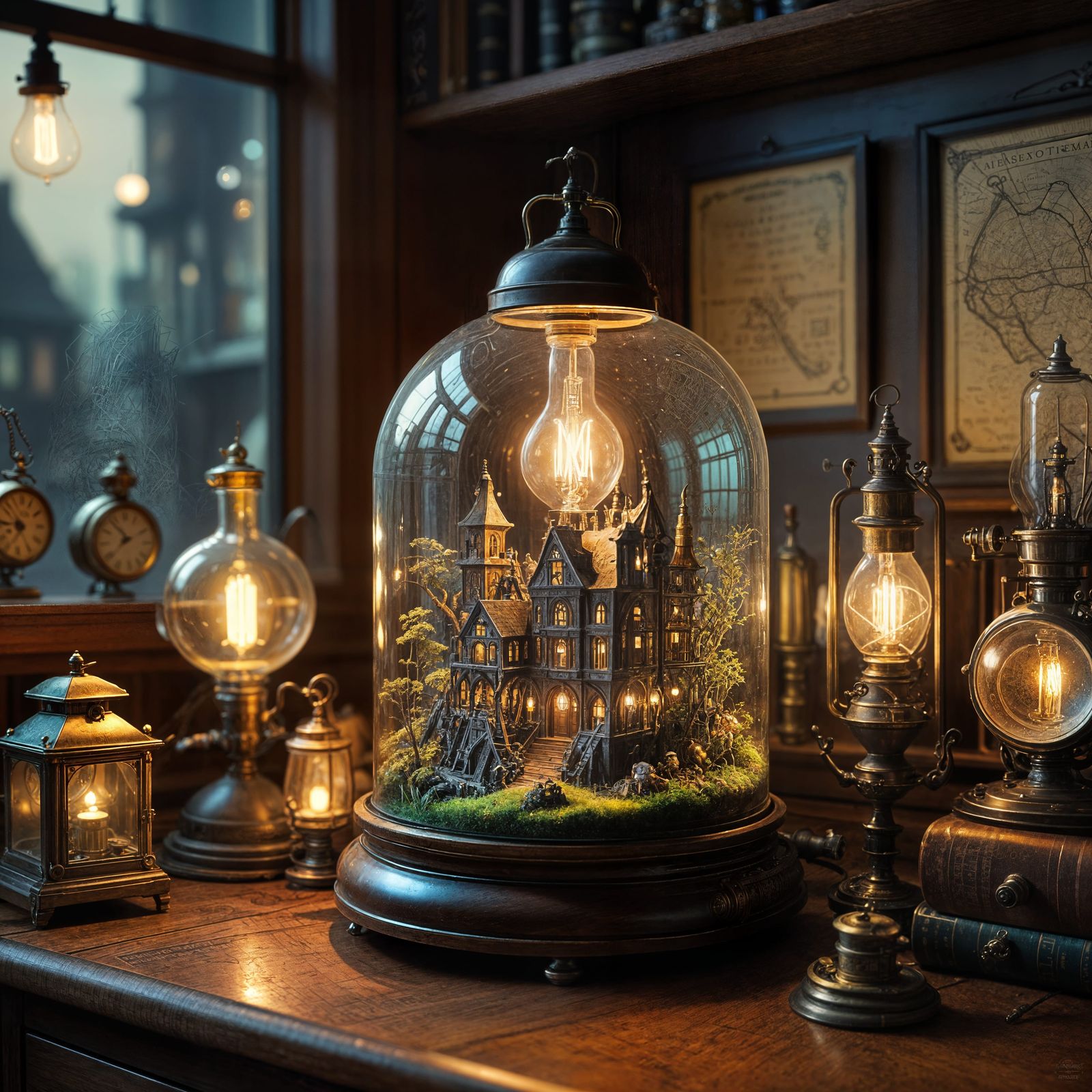 Steampunk City in Glass Terrarium, Whimsical Art