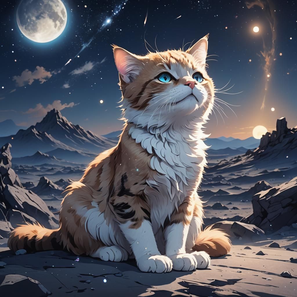 Cat on the Moon in Anime Style