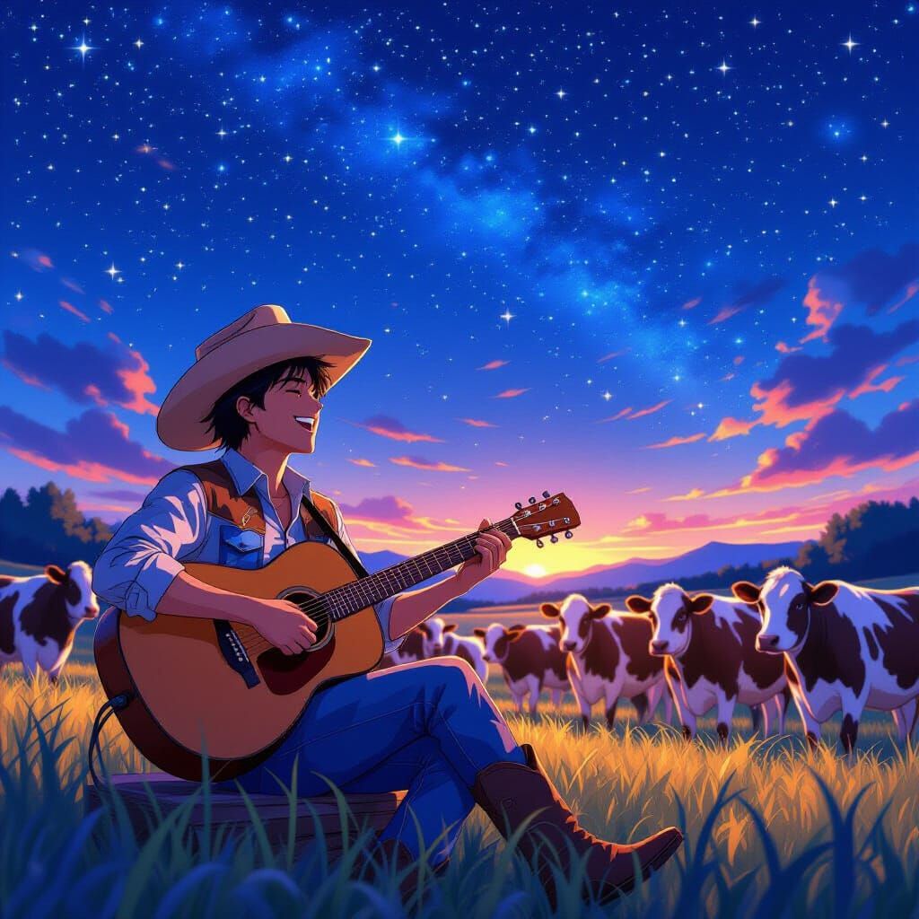 Joyful Cowboy Sings to Cows Under Starry Night Sky
