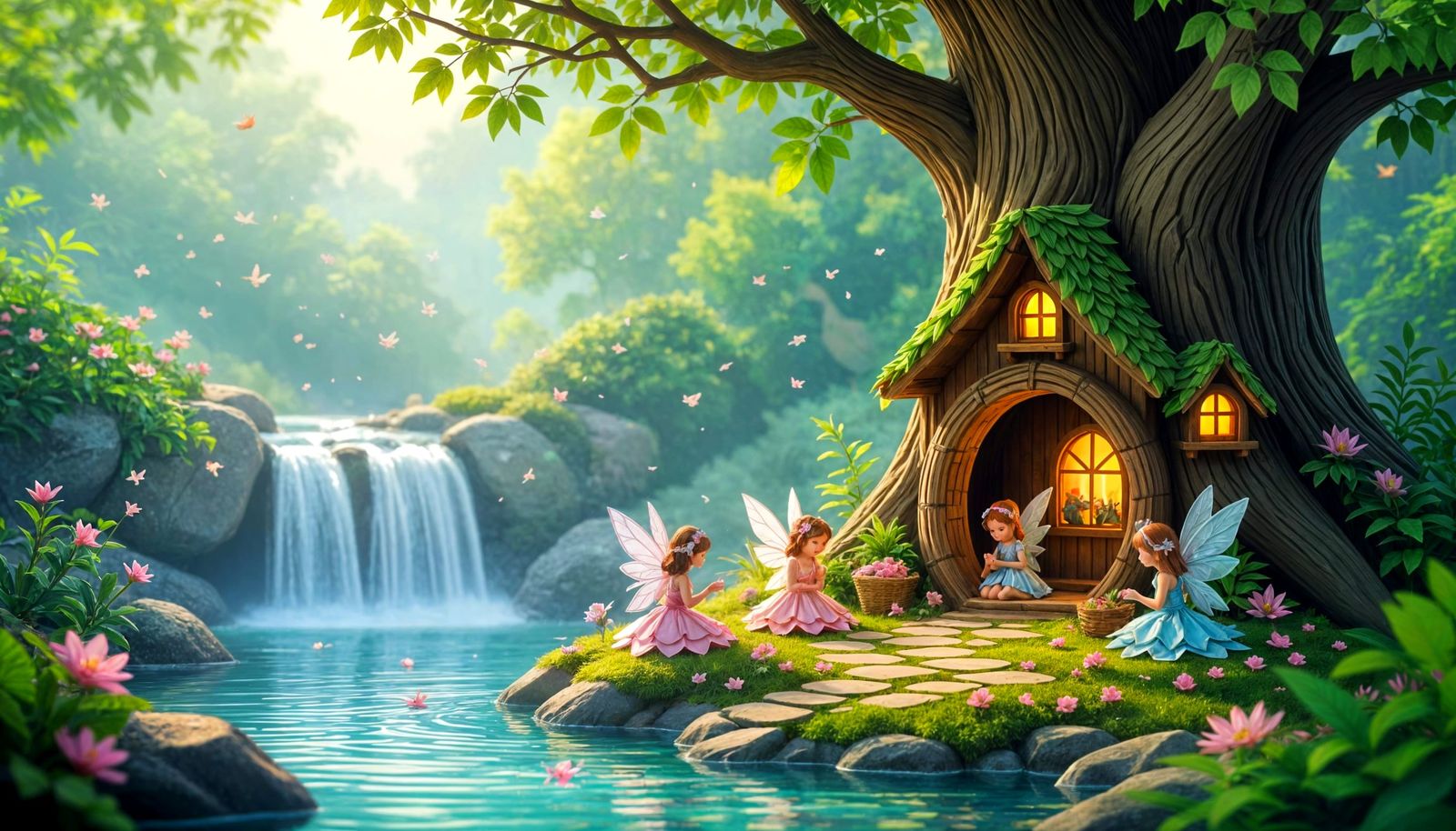 Colorful Fairy Village Papercraft by Waterfall