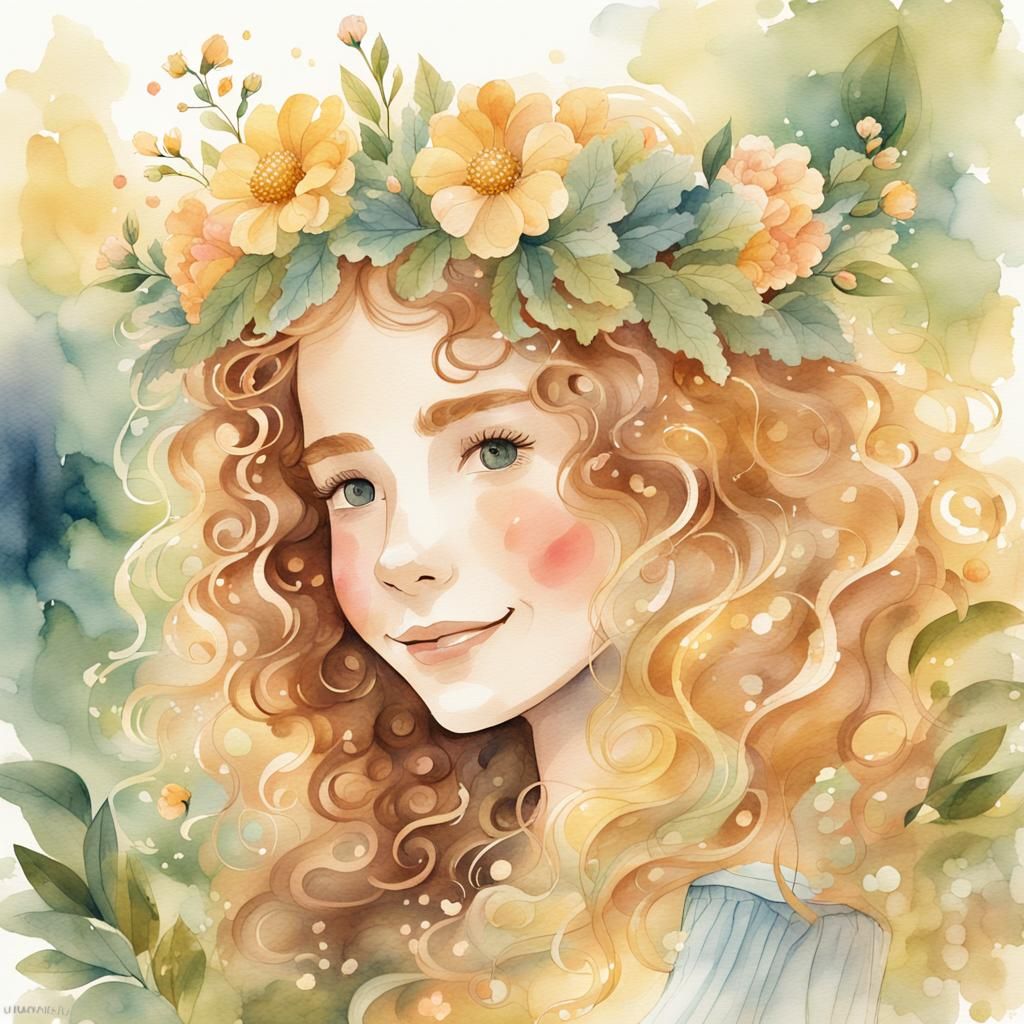 Princess in Lush Garden: Whimsical Watercolor Portrait
