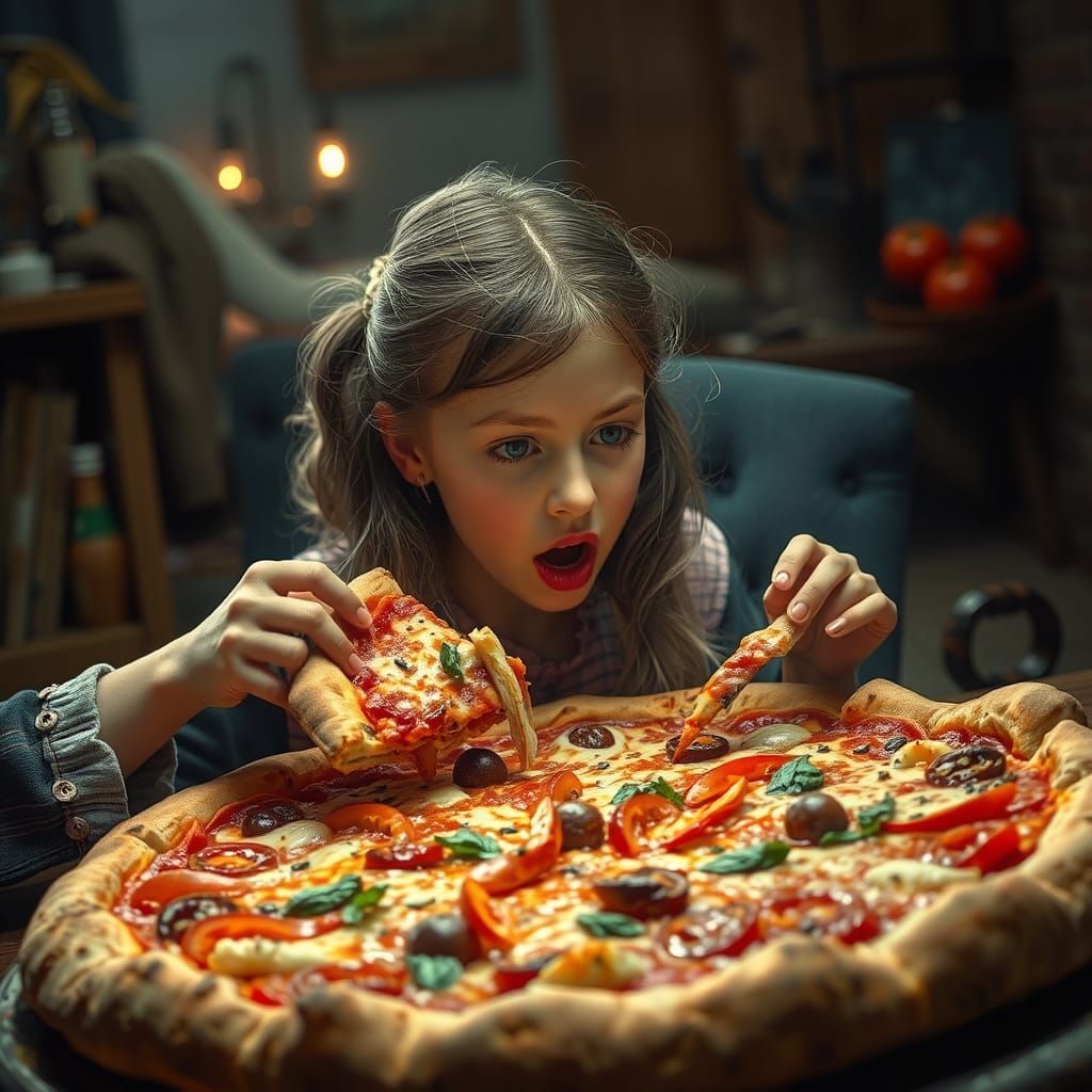 Girl Eating Pizza: Detailed Digital Matte Painting