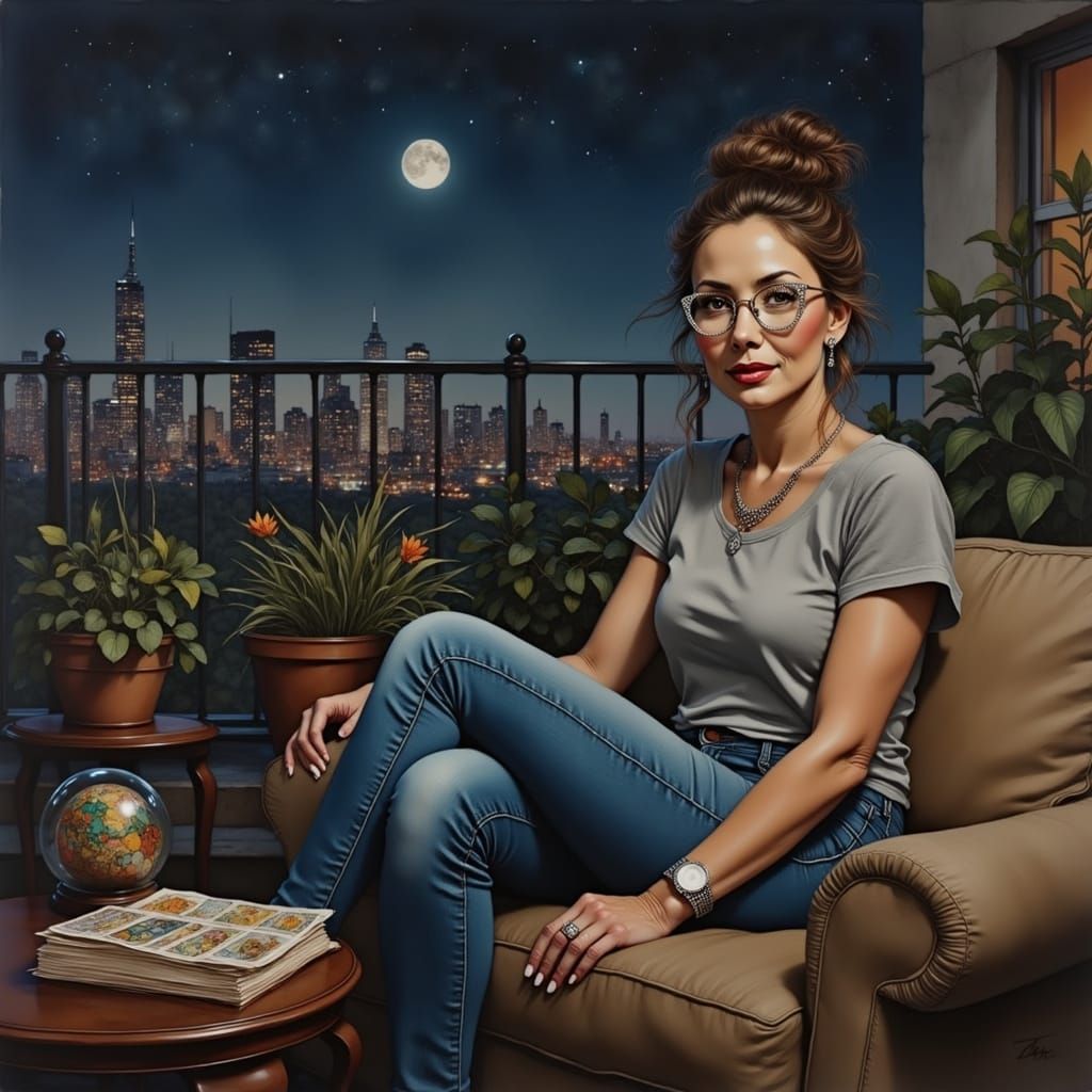 Middle-Aged Woman in Tranquil Oil Painting