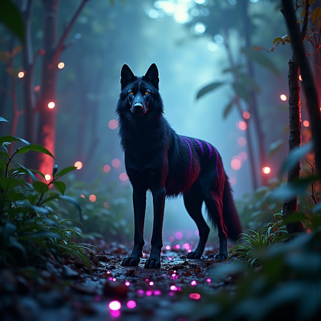 Exotic Black Wolf with Tiger Stripes in Alien Jungle