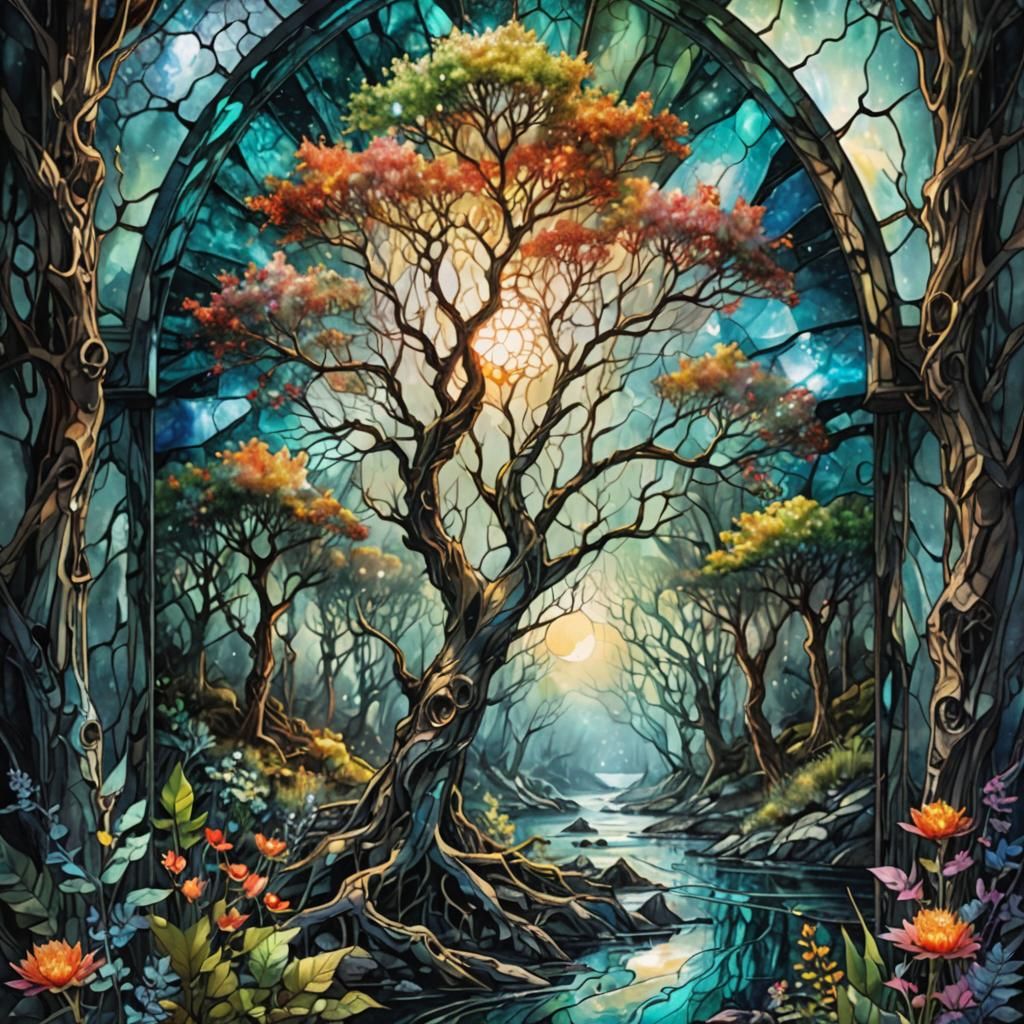 Luminous Stained Glass Window in Fantasy Forest