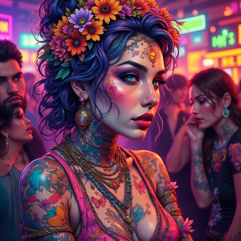 Vibrant 1980s Woman with Tattoos in Hyperreal Style