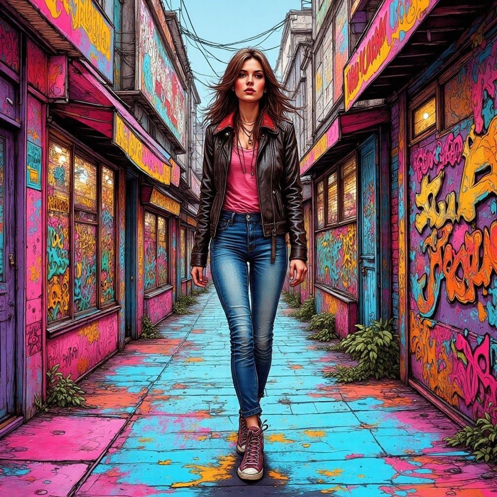 Woman in Leather Jacket in 1980s Graffiti City