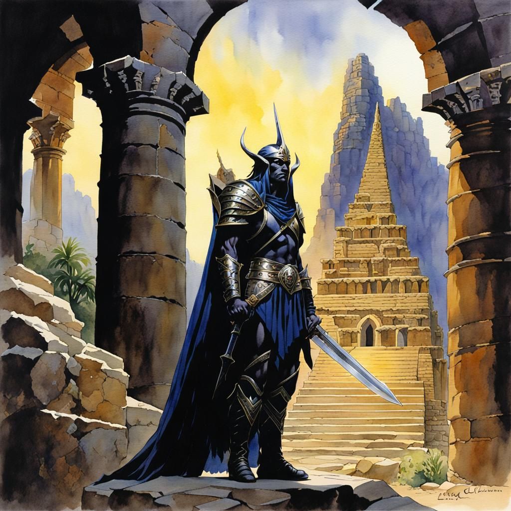 Dark Elf Warrior in Ancient Ruins, Watercolor Fantasy