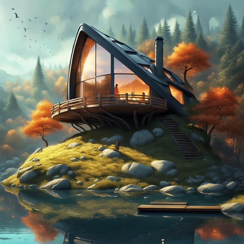 Fantasy Root Cabin by Wooded Lake, Futuristic Render